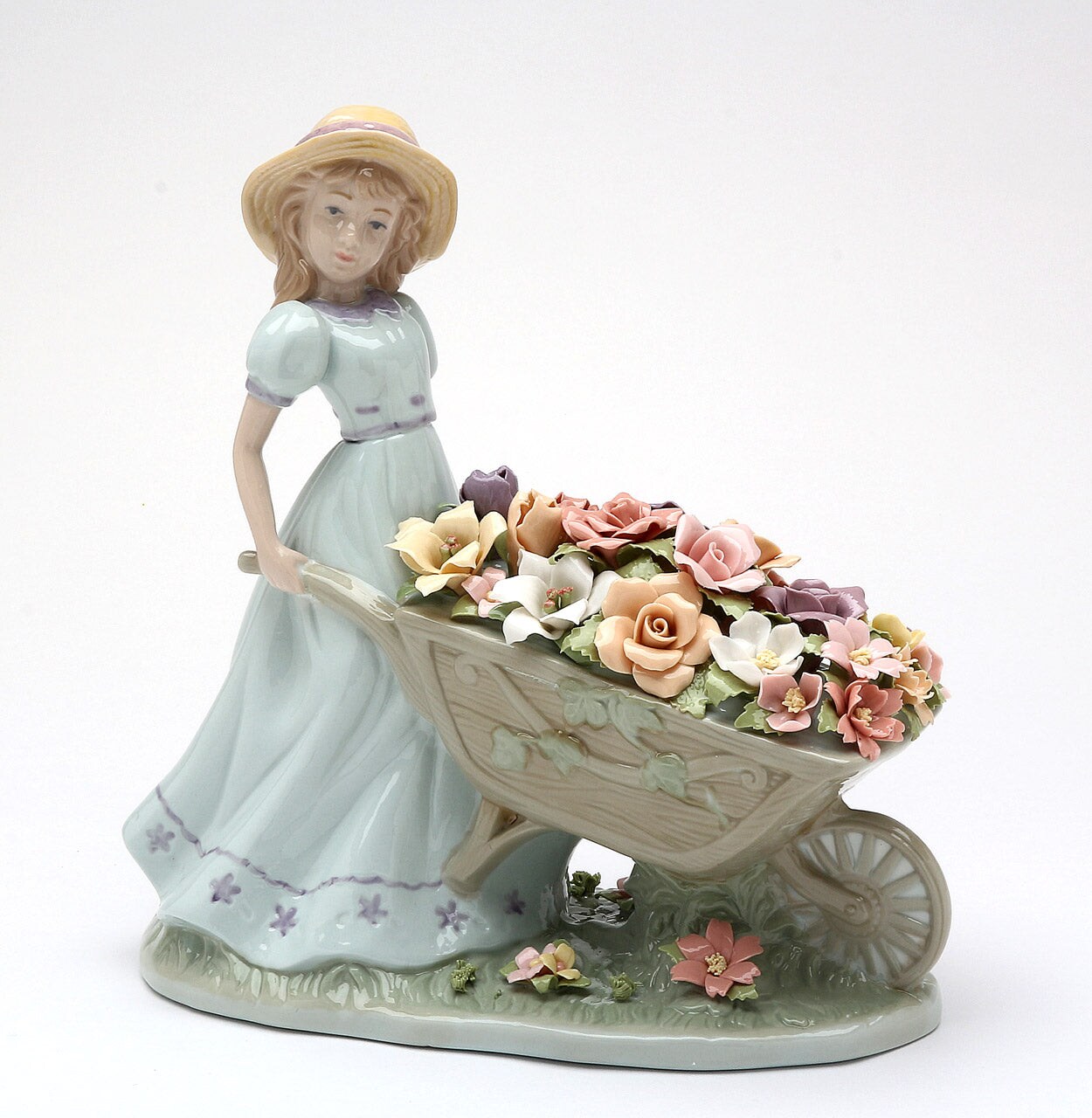 Ceramic Girl Pushing Flower Cart Figurine, Home Décor, Gift for Her, Gift for Mom, Spring Décor