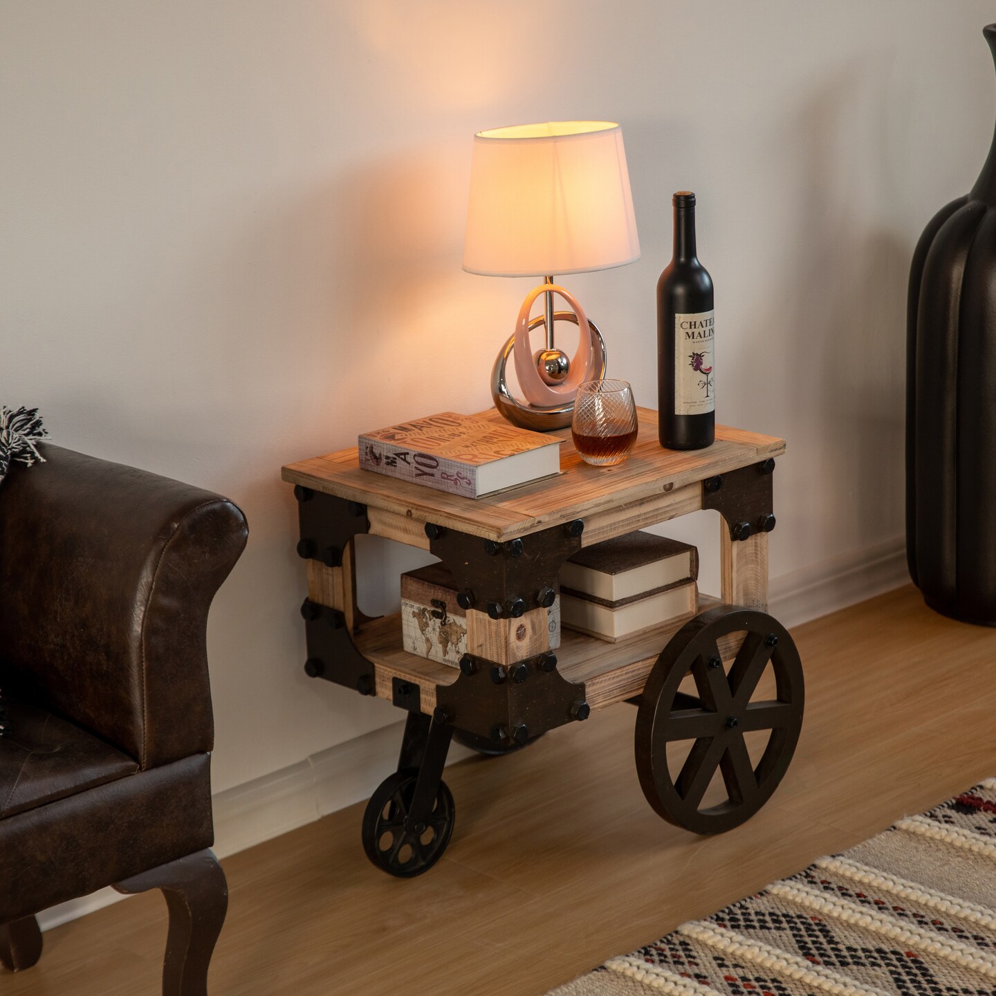 Vintiquewise Farmhouse Wagon-Style End Table with Storage Shelf & Rolling Wheels Vintage Wood Accent Table for Living Room Bedroom or Entryway Compact Decorative Multi-Functional & Stylish Display
