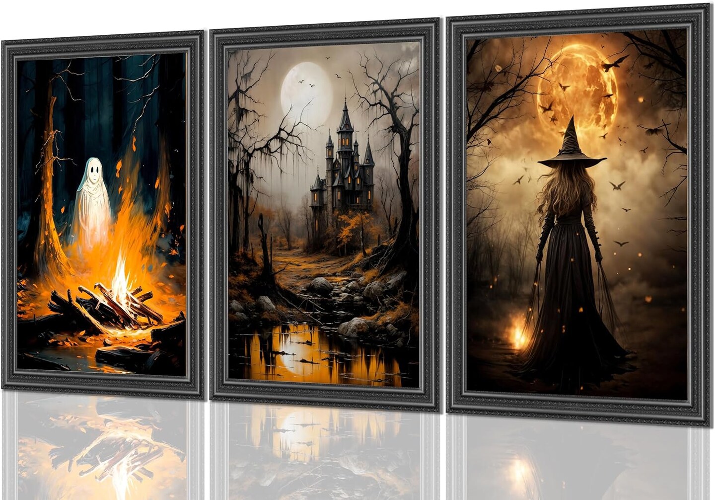 3pcs Halloween Canvas Wall Art – Dark Academia Witch & Ghost Gothic Posters (Unframed, 12x16 in / 30x40 cm each)
