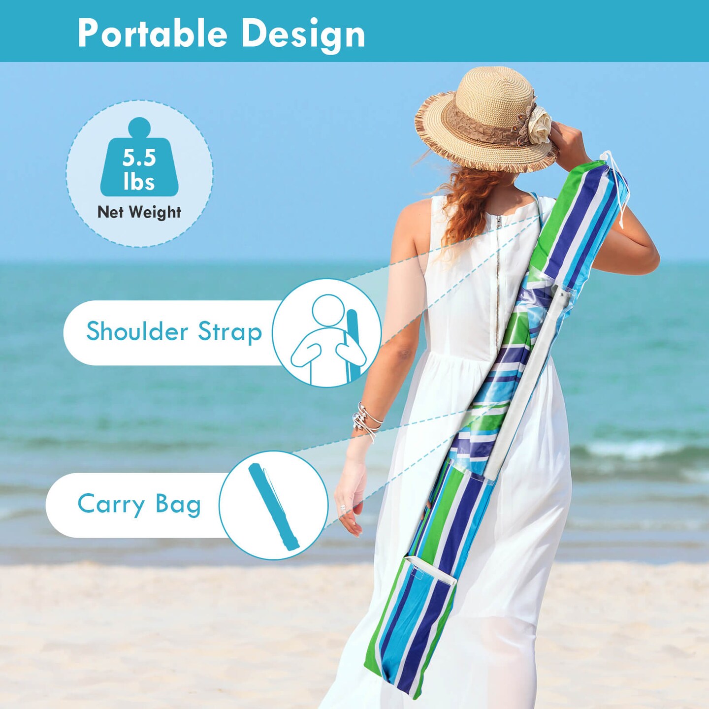 Costway 7.2 FT Portable Beach Umbrella Tilt Sand Anchor Cup Holder with Carry Bag Blue/Navy Blue/Rainbow/Green