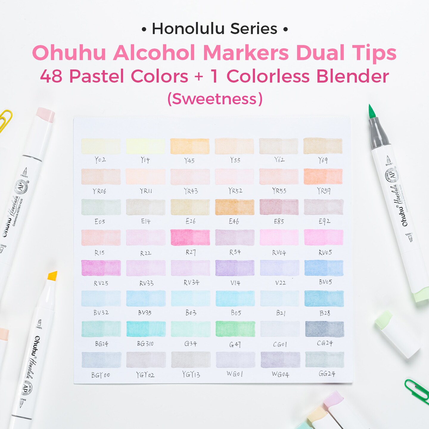 Ohuhu Honolulu 48/96 Pastel Colors Markers Alcohol Based - Brush &#x26; Chisel Dual Tips - Sweetness &#x26; Blossoming Color Sets