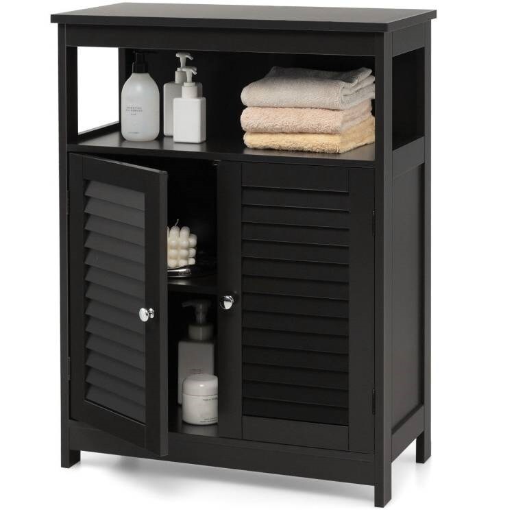 Bathroom Floor Cabinet with Louvered Doors and Open Shelf, Adjustable Storage Organizer