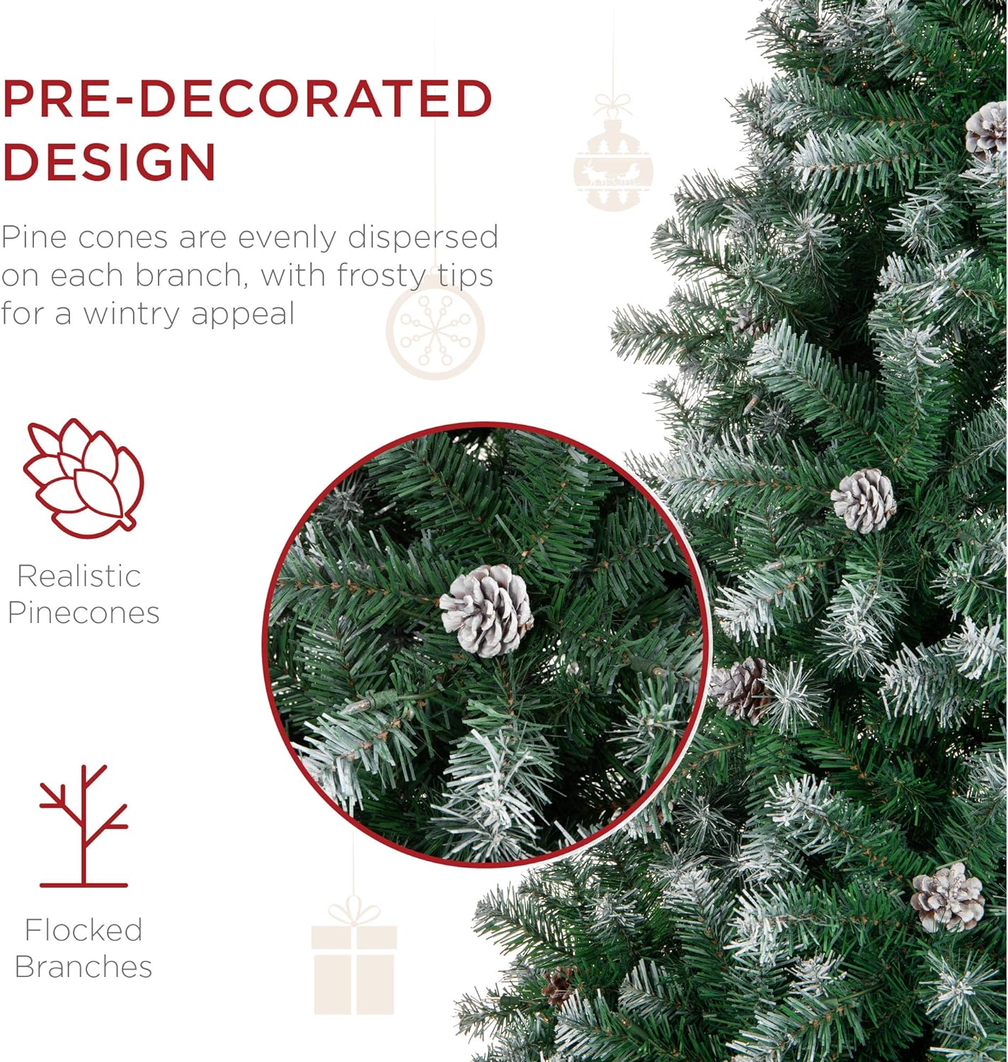 Pre Decorated Flocked Christmas Tree Hinged Artificial Pine with Pine Cones & Easy Assembly