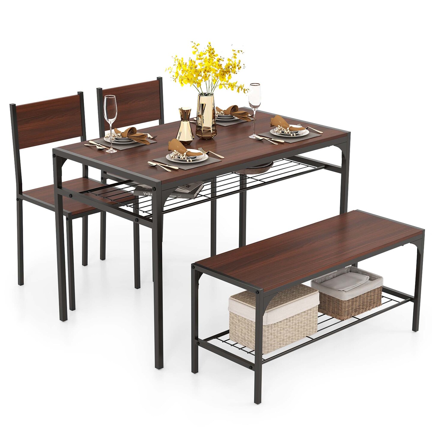 Costway Dining Table Set for 4 Rectangular Table with 2 Chairs, 1 Bench, Storage Racks Rustic Brown/Gray/Brown