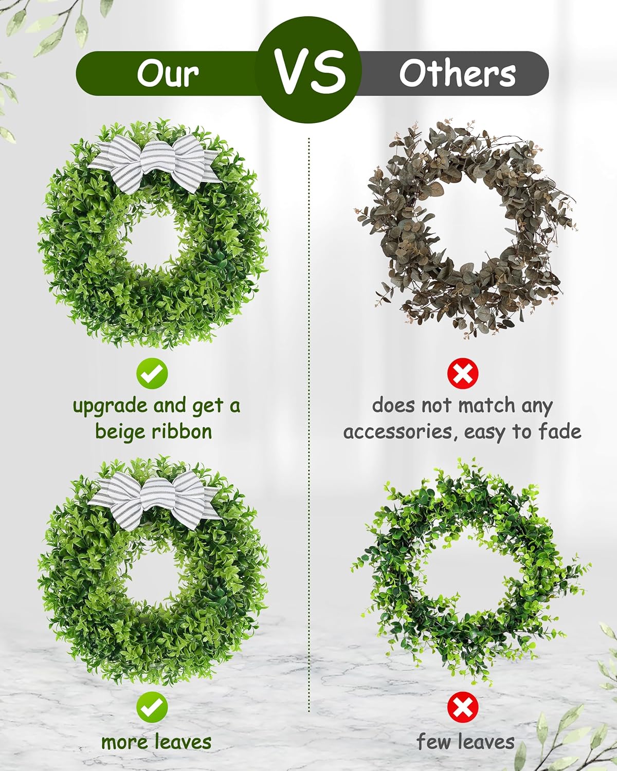 18&#x22; Faux Round Boxwood Wreath, Artificial Boxwood Wreath Front Door Wreaths Artificial Spring Summer Greenery Hanging with A Plaid Bow and sash for Front Door Wall Hanging Window Wedding Decor