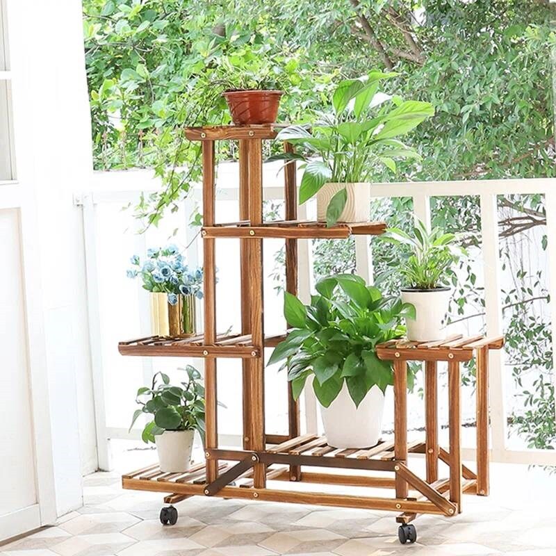 6-Shelf Wooden Plant Stand with Locking Wheels for Indoor Outdoor Use