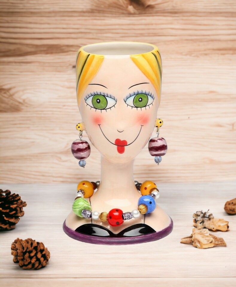 Ceramic Pretty Lady with Necklace and Earrings Makeup Brush or Pen Holder, Home Décor, Gift for Her, Mom, Friend, or Coworker, Vanity Décor