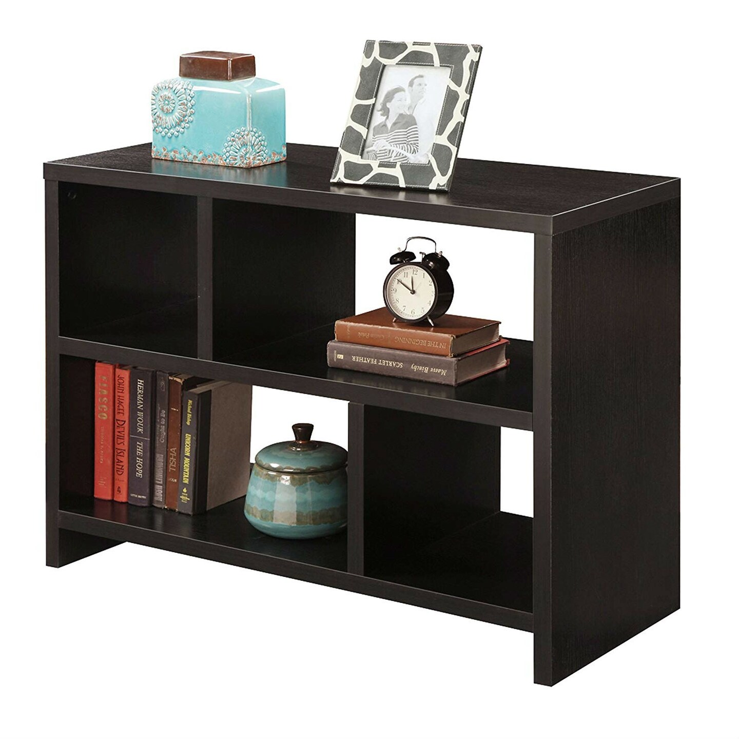 Modern Espresso Brown Wood Console Table with 2 Storage Shelves for Home or Office Use