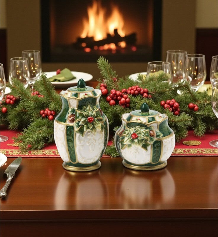Christmas Decor Ceramic Holly Salt & Pepper Shakers, Home Décor, Gift for Her, Gift for Mom, Kitchen Décor