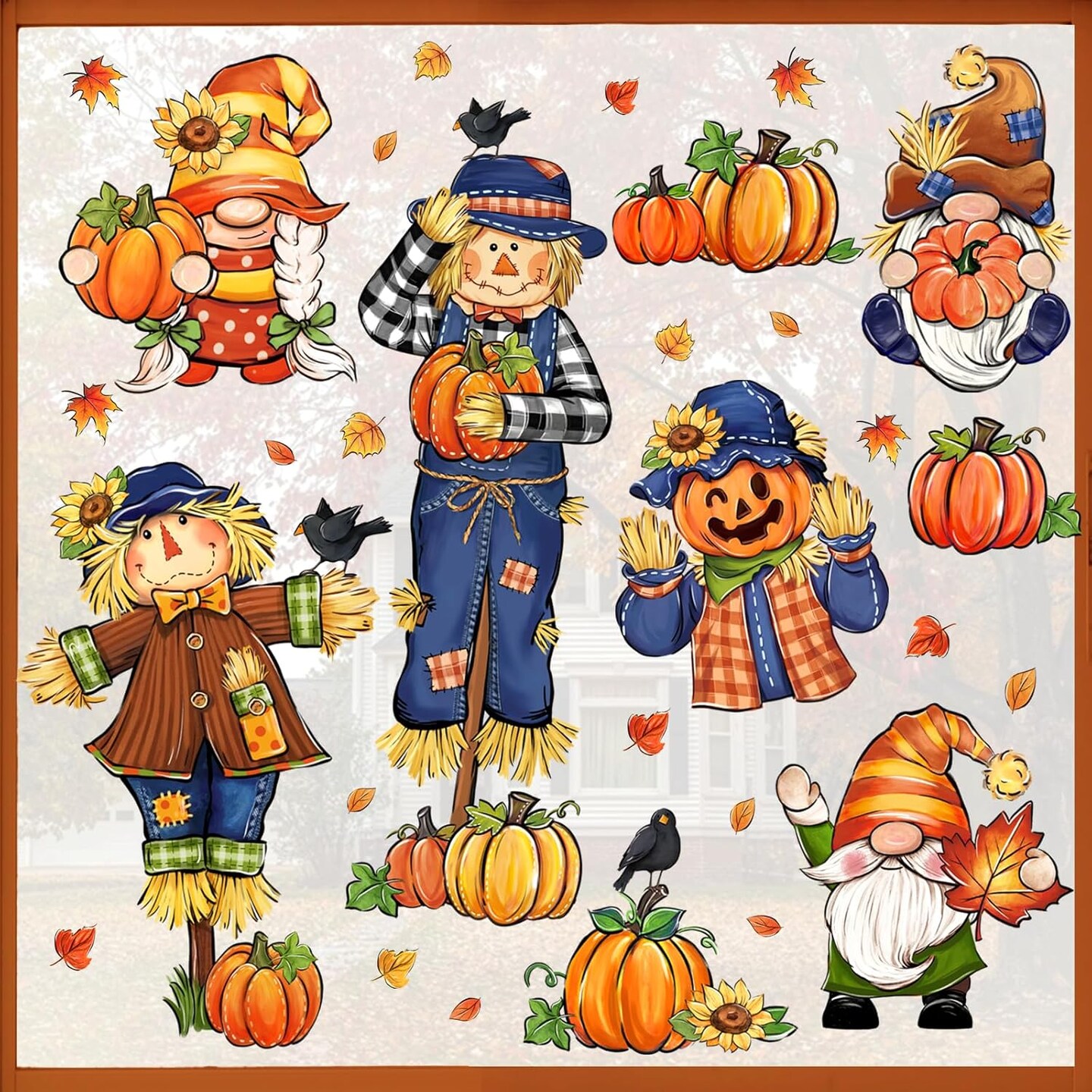 Fall Scarecrow Gnome Window Clings 9 Sheets, Autumn Pumpkin Maple Leaves Stickers