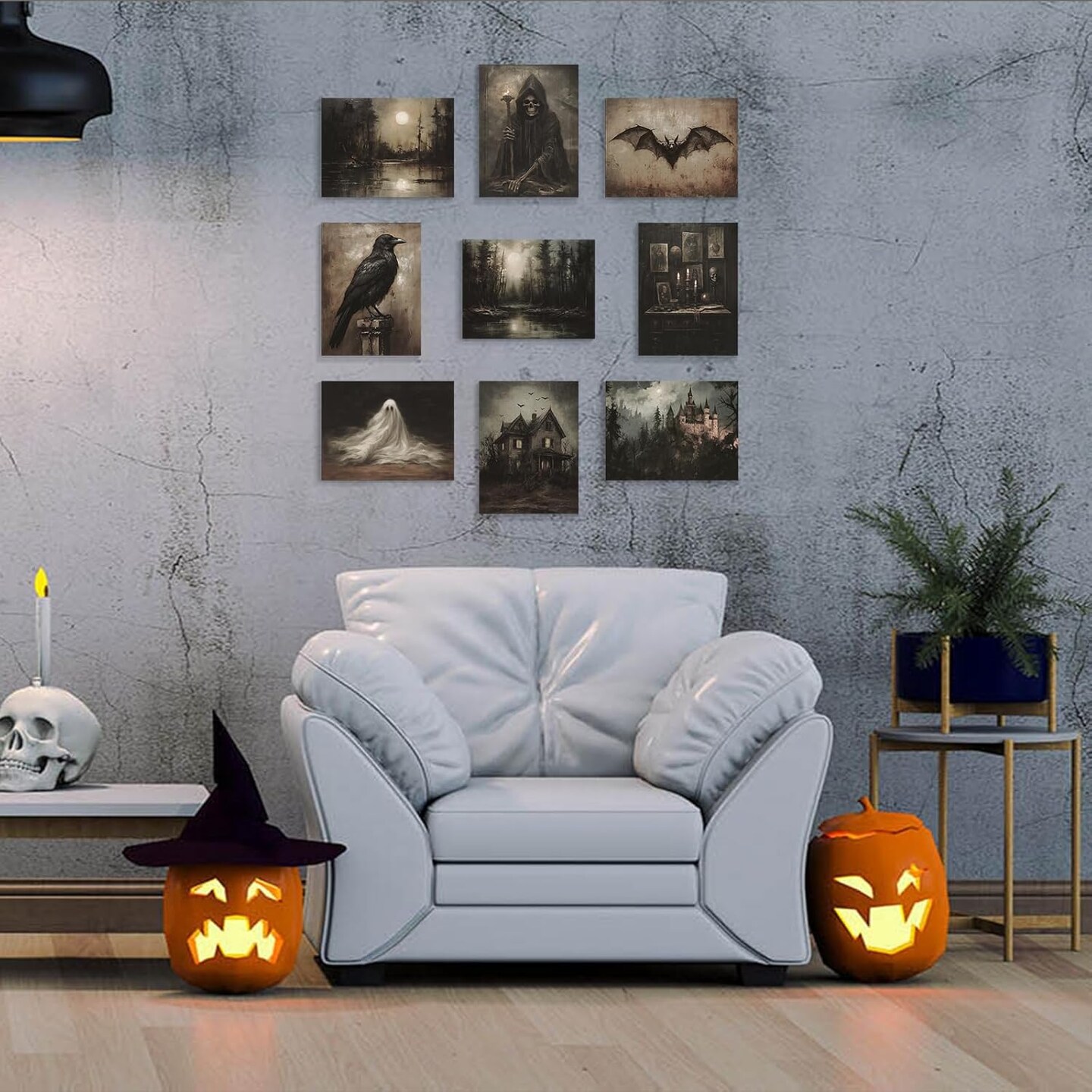 Halloween Wall Art Set – 9PCS Dark Academia Prints (8x10) Featuring Ghosts, Witches, Ravens, Bats & Haunted House Scenes, Moody Gothic Forest Décor for Home & Bedroom