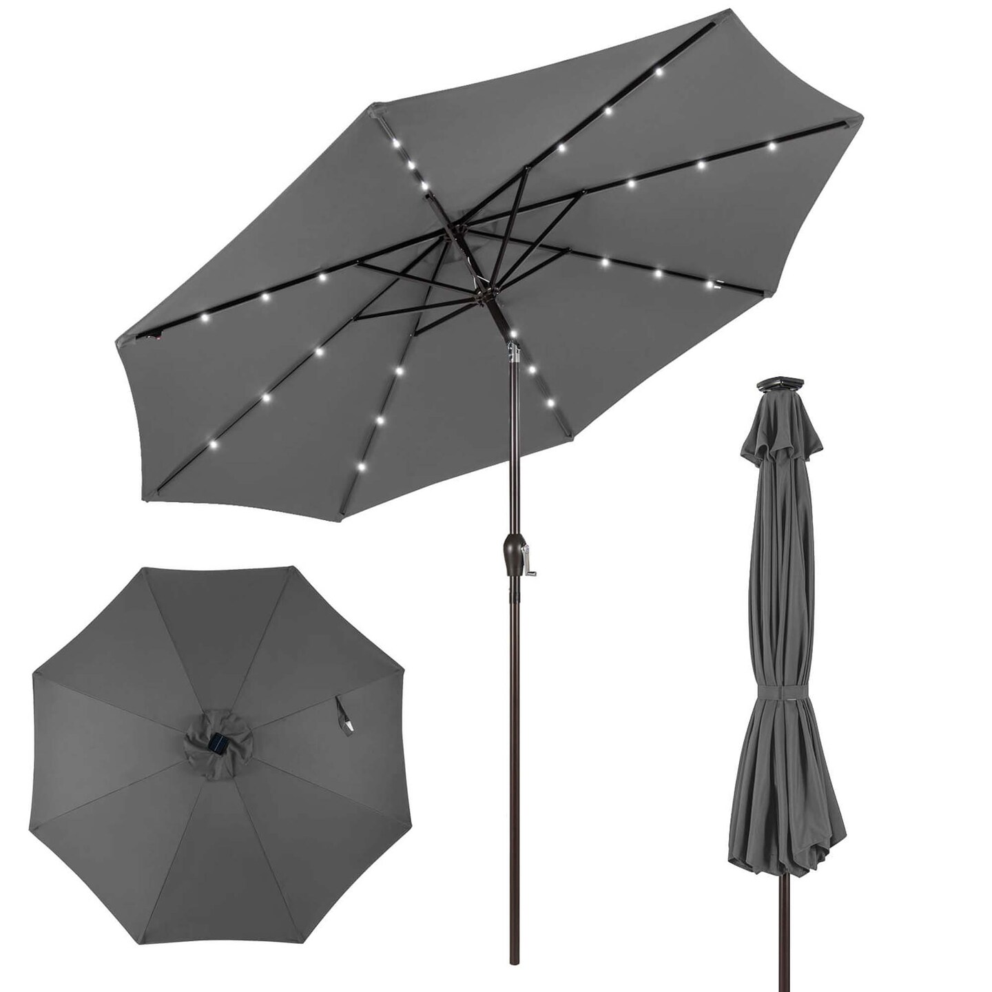 Costway 10' Solar LED Lighted Patio Market Umbrella Shade Tilt Adjustment Crank Tan/Beige/Blue/Navy/Burgundy/Gray