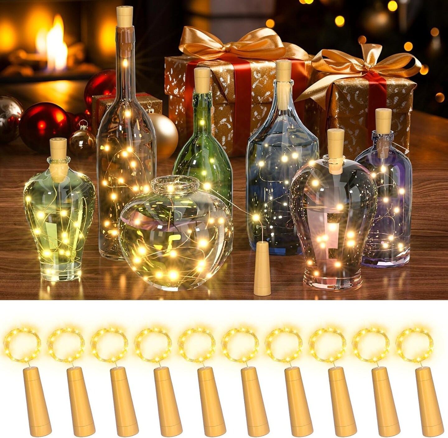 Wine Bottle Cork Lights with Timer – 10 Pack, 20 LED, 6.6 ft Fairy String Lights, Battery Operated (Warm White)