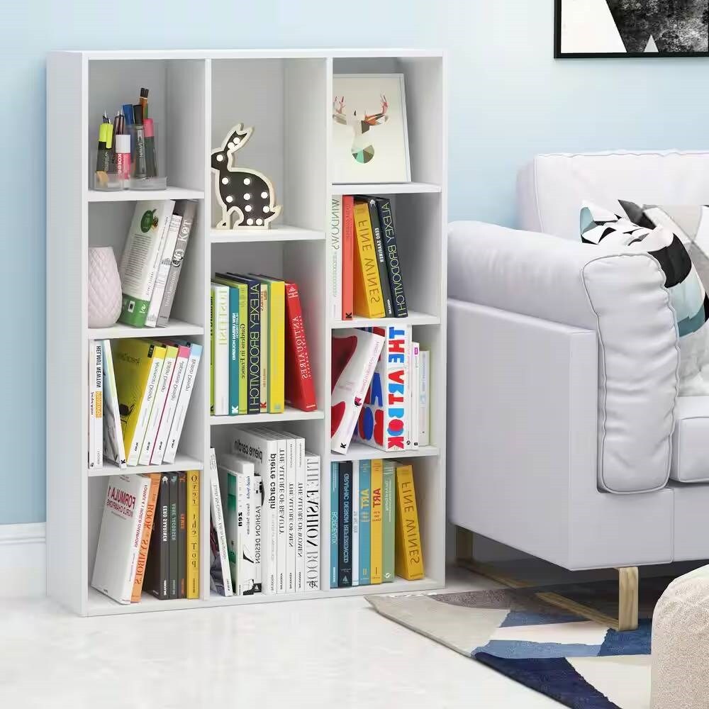 42" Freestanding White Wooden Bookcase with 11 Open Cube Storage Shelves and Closed Back