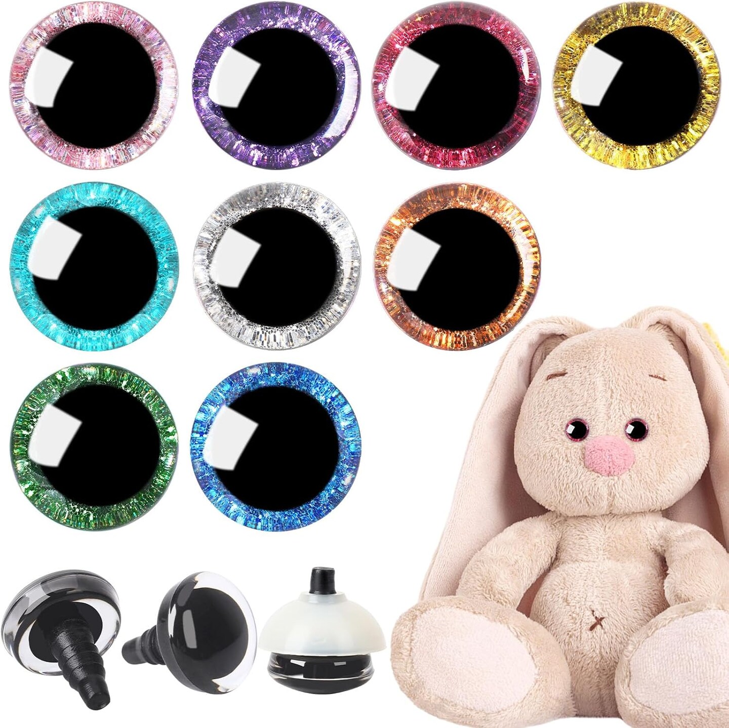 180pcs 18mm 3D Glitter Safety Eyes with Washers for Amigurumi, Crochet, Dolls & Toys (9 Colors)