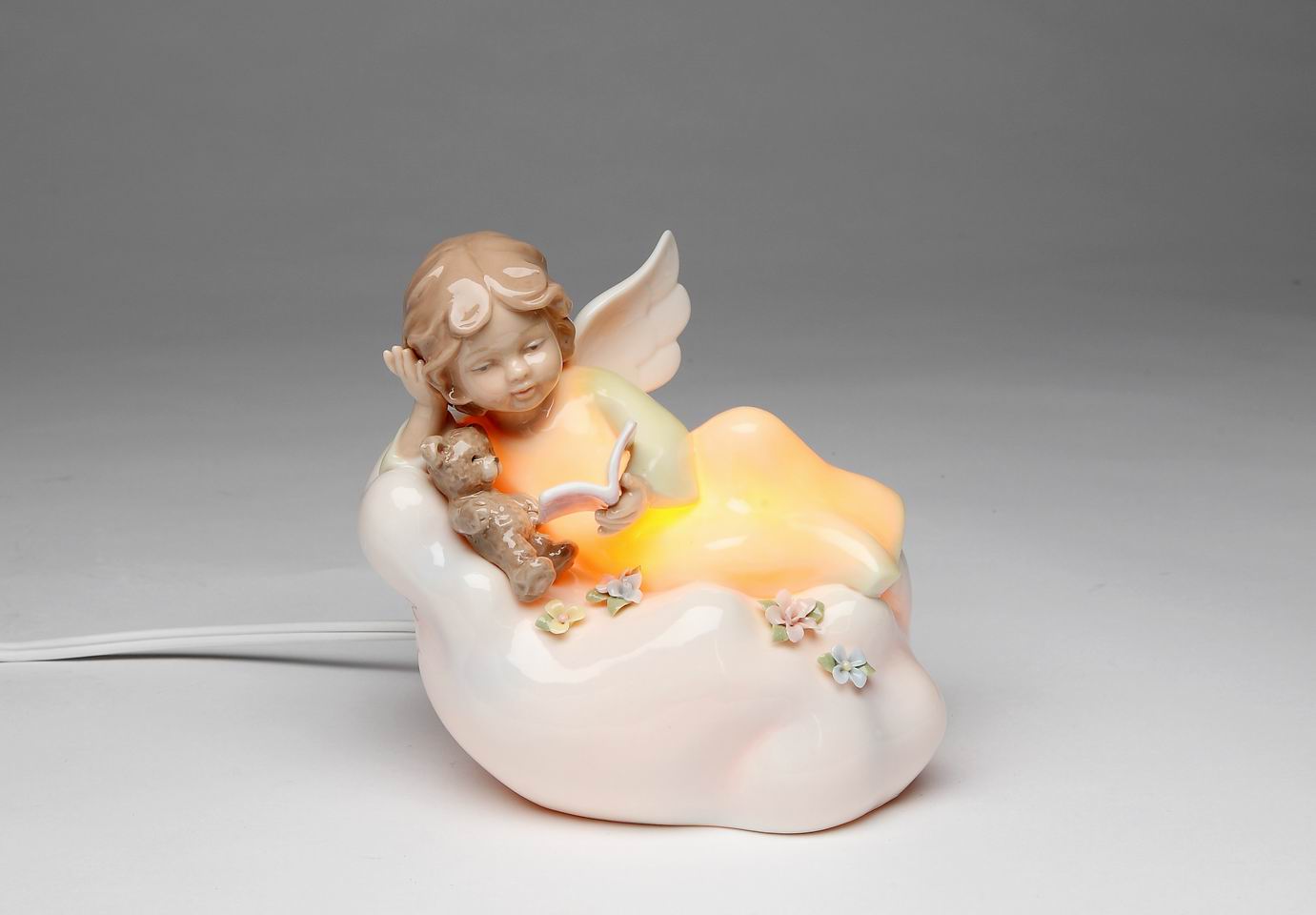 Ceramic Angel Reading with Teddy Bear on Cloud Nightlight, Home Décor, Religious Décor, Religious Gift, Church Décor, Baptism Gift