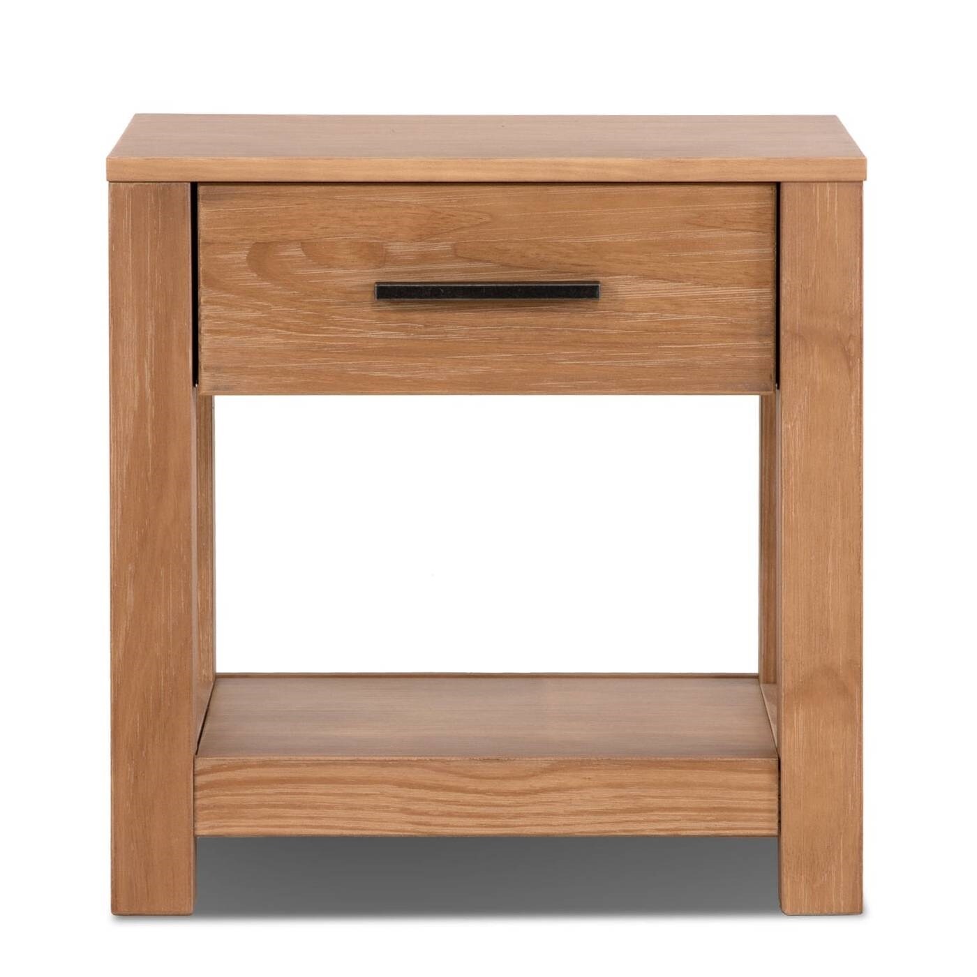 Rustic Pine Solid Wood Nightstand with Drawer and Metal Accents 22 Inch Low Profile Bedside Table