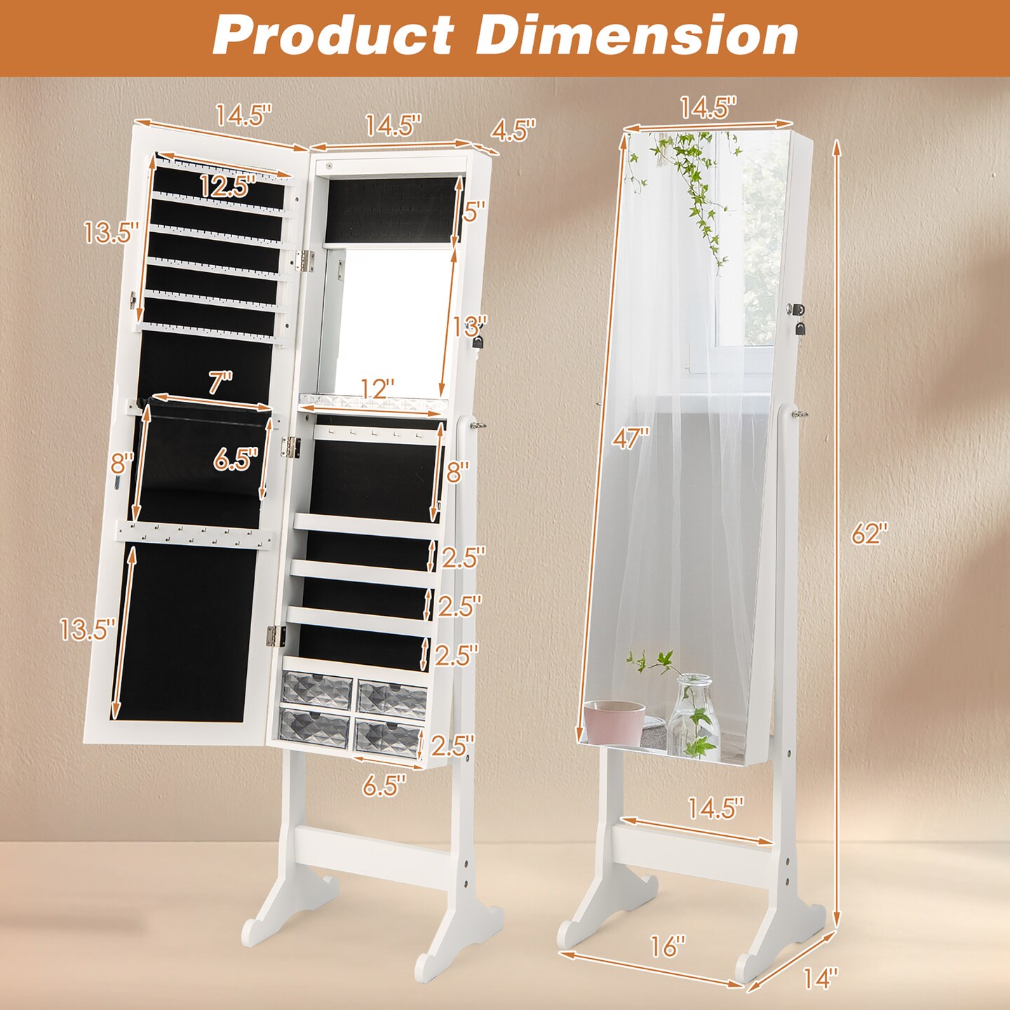 Costway Jewelry Cabinet Armoire Full Length Frameless Mirror Lockable with Lights White/Black/Rustic Brwon