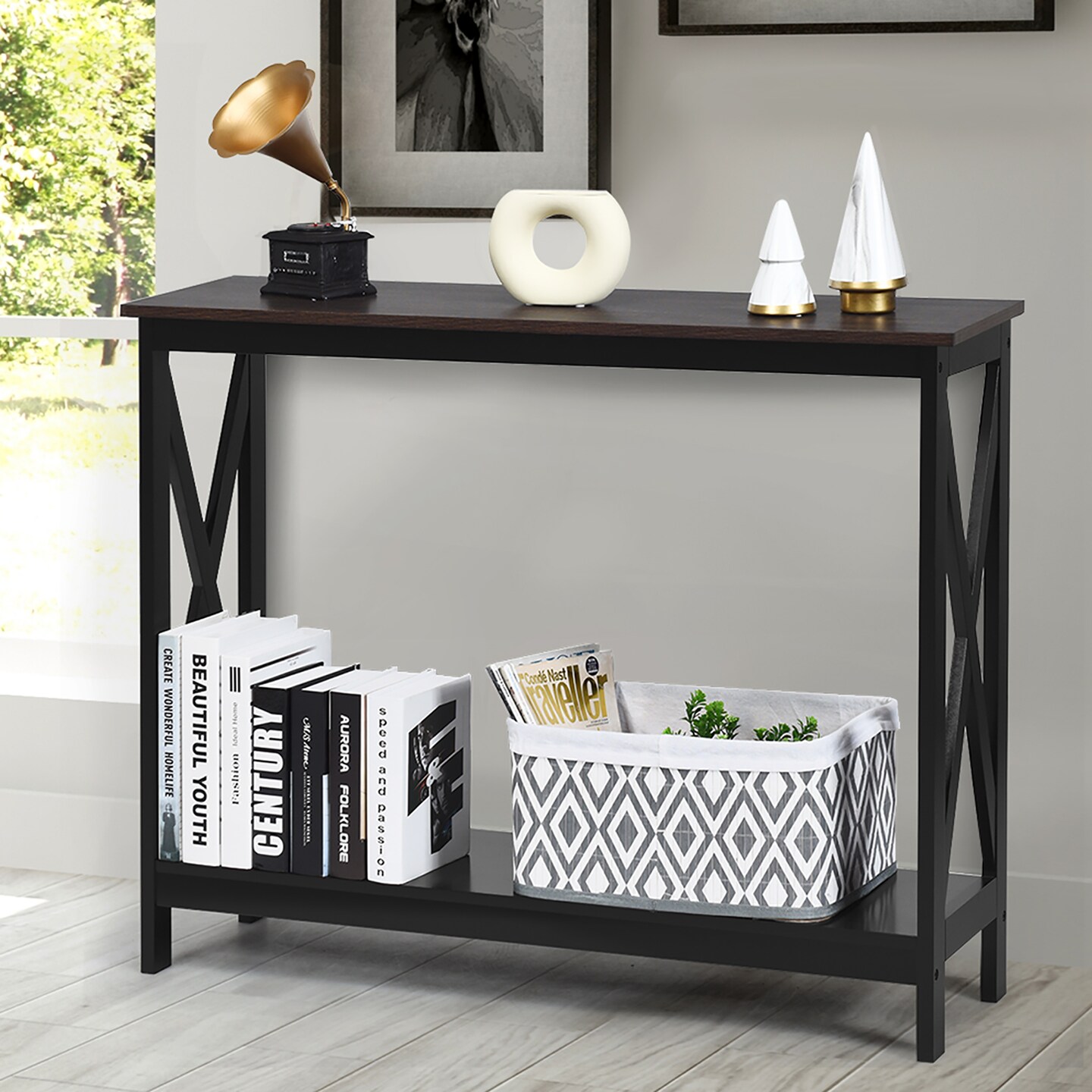 Costway 2-Tier Console Table x-Design Bookshelf Sofa Side Accent Table w/Shelf White\ Black\Espresso\Wood Grain