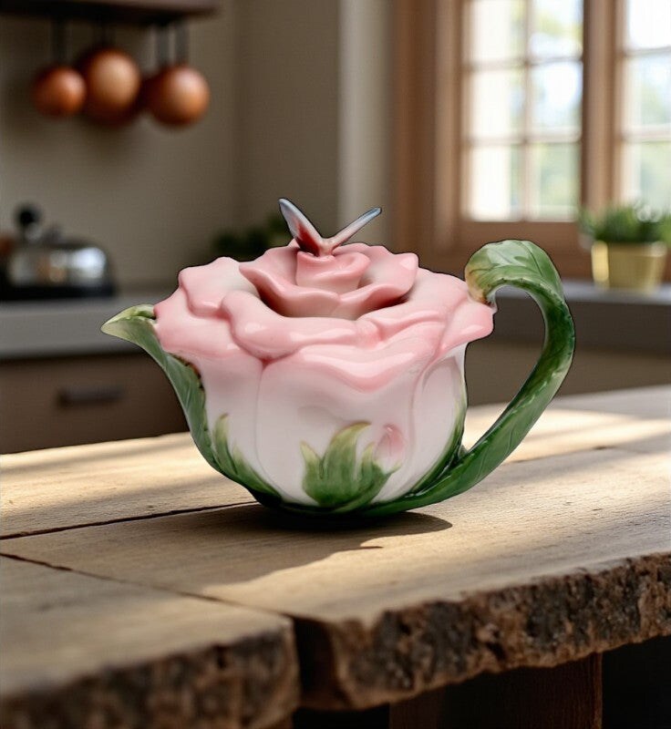 Ceramic Victorian Pink Rose Teapot with Butterfly, Gift for Her, Gift for Mom, Tea Party Décor, Café Décor, Farmhouse Décor, Cottagecore