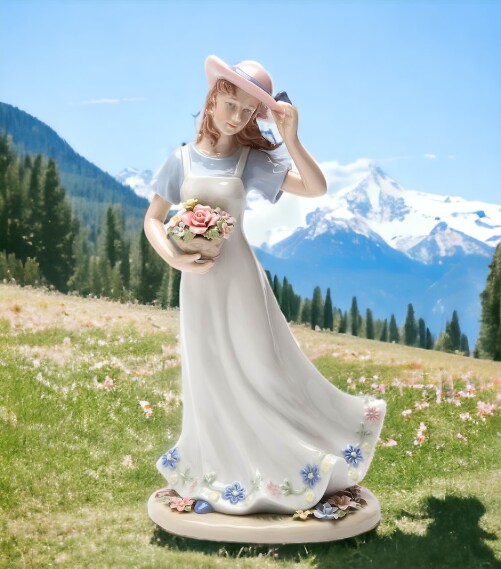 Ceramic Lady with Flower Basket Figurine, Home Décor, Gift for Her, Gift for Mom, Nature Lover Gift