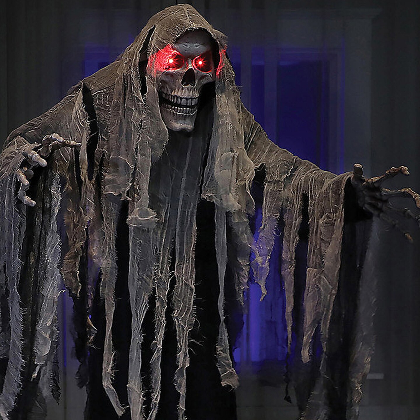6 Feet Hanging Grim Reaper Halloween Animatronic with Red LED Eyes &#x26; Fluttering Robes, Battery Powered