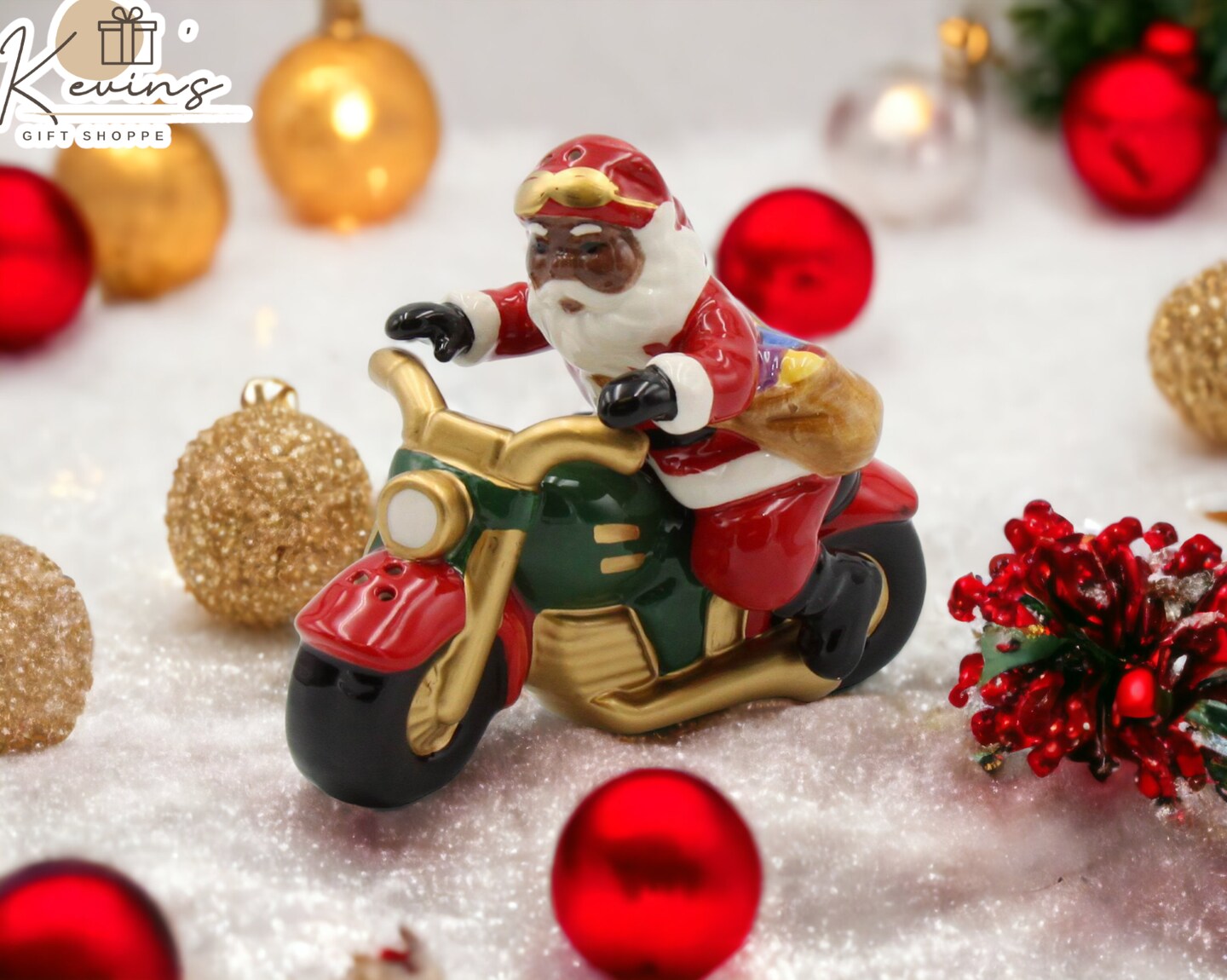 Ceramic African American Santa Claus Riding Motorcycle Salt And Pepper, Gift for Him, Gift for Dad, Kitchen D&#xE9;cor, Christmas D&#xE9;cor