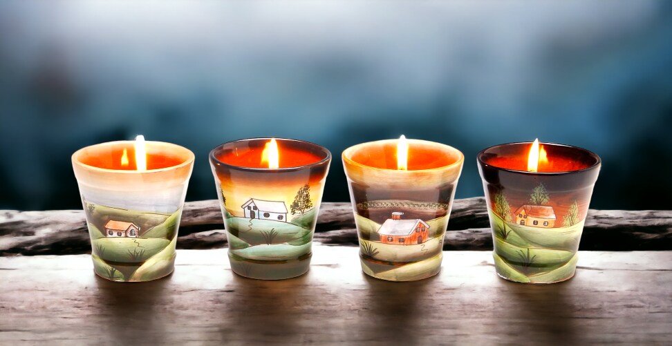 Ceramic Country Scene Votive Cups-Assorted Set of 4, Gift for Her, Gift for Mom, Farmhouse Decor, Kitchen Decor, Bathroom Decor