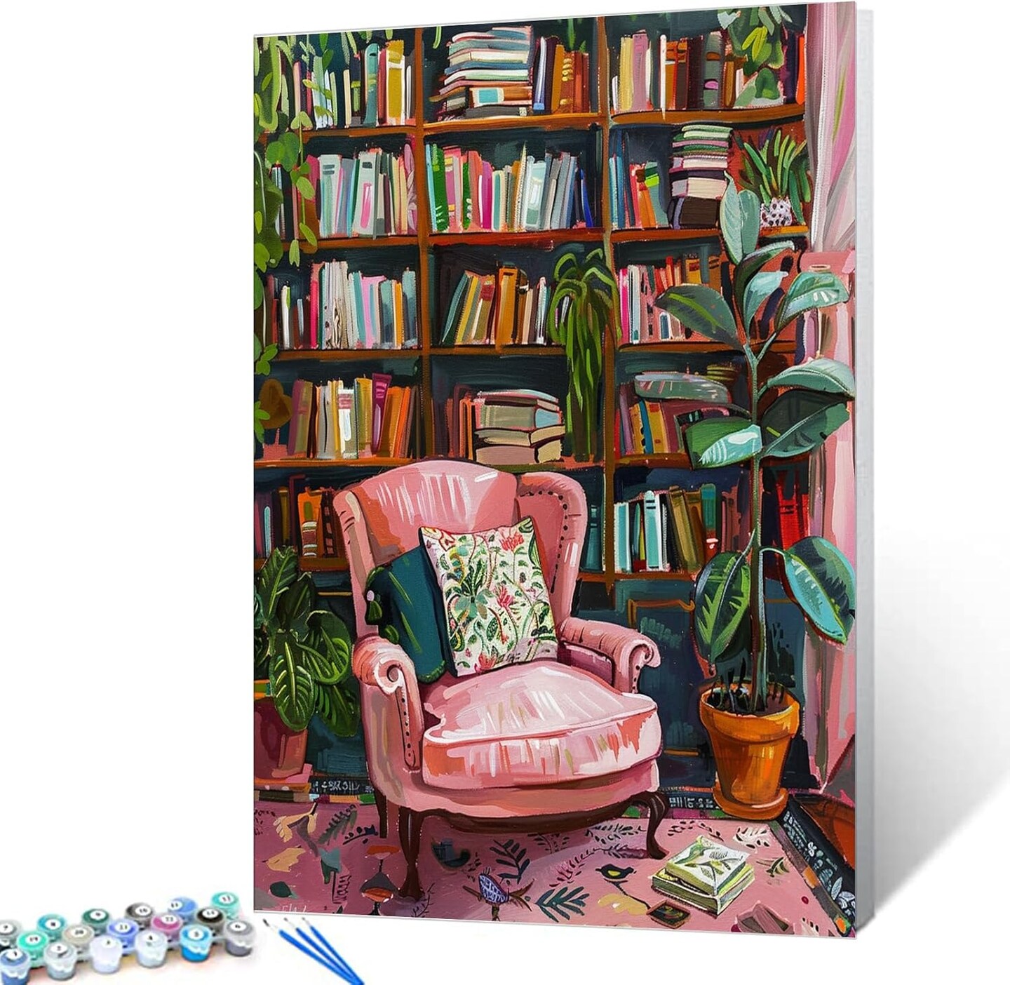 Bookshelf Book Theme Pink Library Paint by Numbers Kits for Adult - 16&#x27;&#x27;W x 20&#x27;&#x27;H