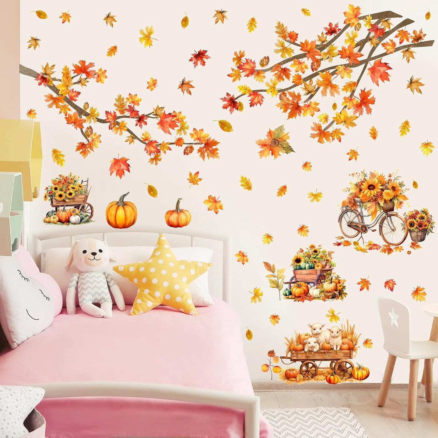 Maple Leaves Wall Decals - Fall Tree Branch Stickers With Yellow Leaf