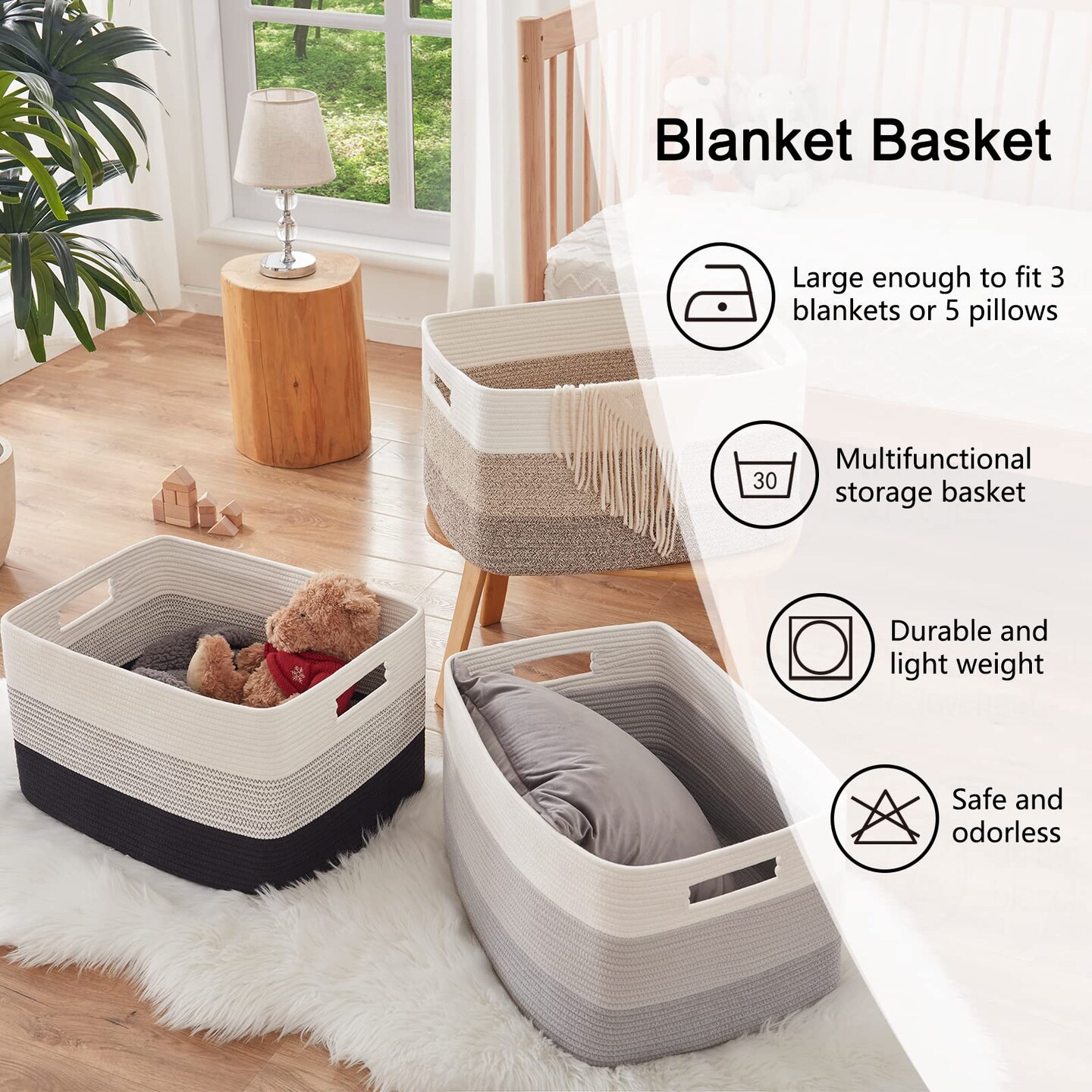 Large Blanket Basket, 22”x17”x12” Rectangle Woven Baskets, Nursery Blanket Storage Living Room, Toy Storage With Handle, Large Baskets for Organizing-Gradient Grey