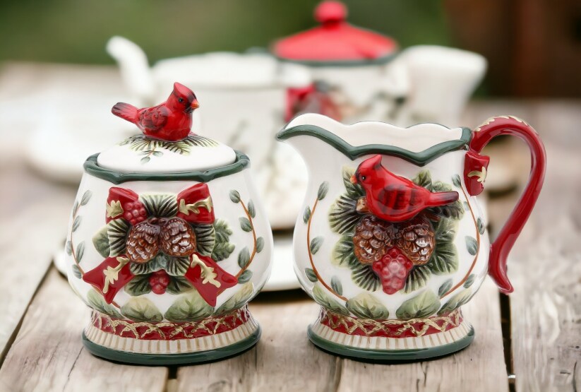 Ceramic Sugar Bowl and Creamer with Cardinals and Pine Cones, Home D&#xE9;cor, Gift for Her, Gift for Mom, Kitchen D&#xE9;cor, Christmas D&#xE9;cor
