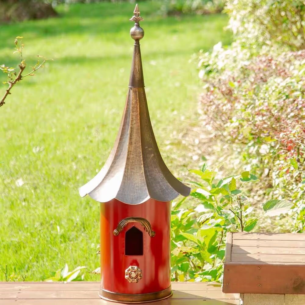 Red Metal Birdhouse with Copper Bronze Gramophone Roof, Oversized Pagoda Design