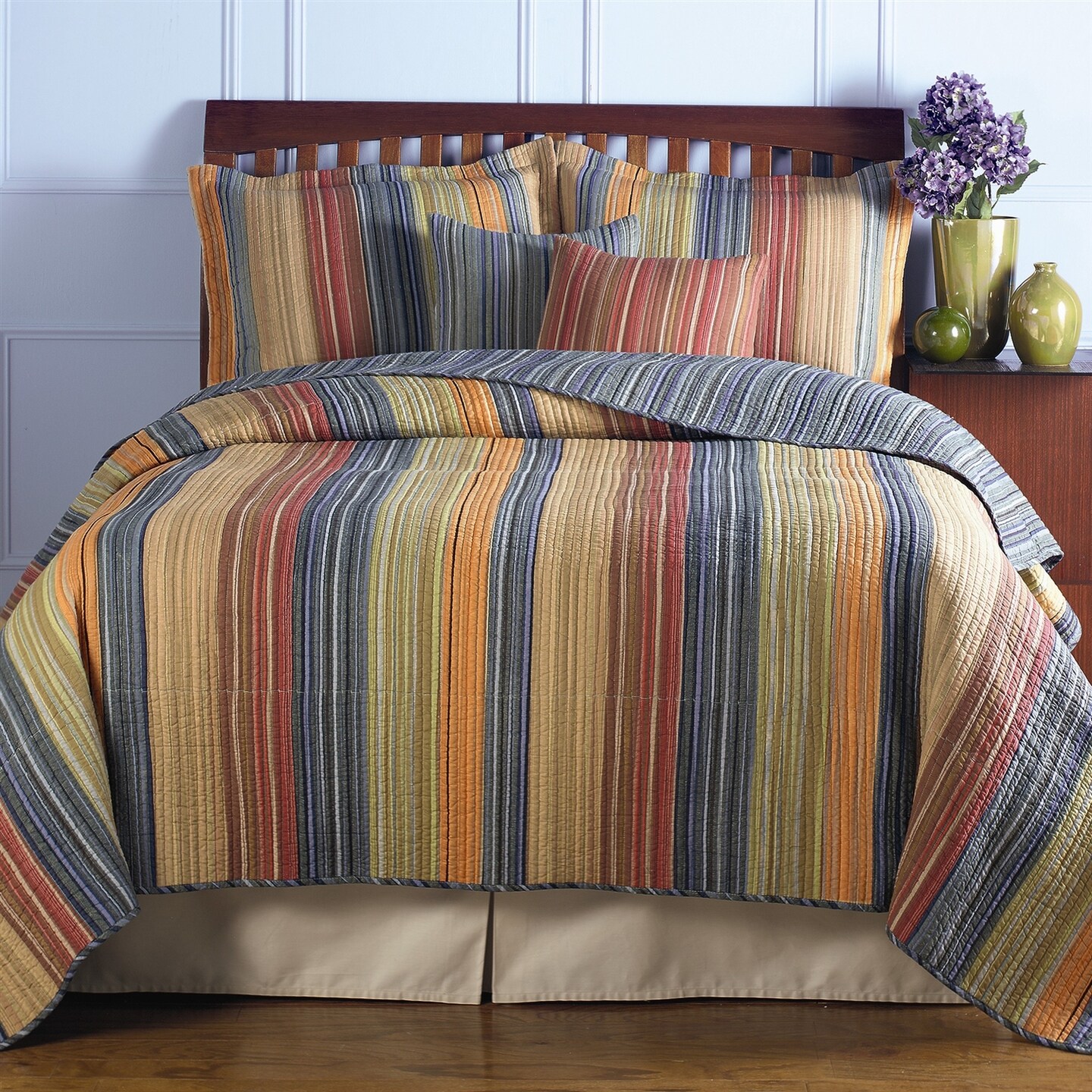 Full Queen Cotton Quilt Set Red Orange Blue Brown Stripe Pattern