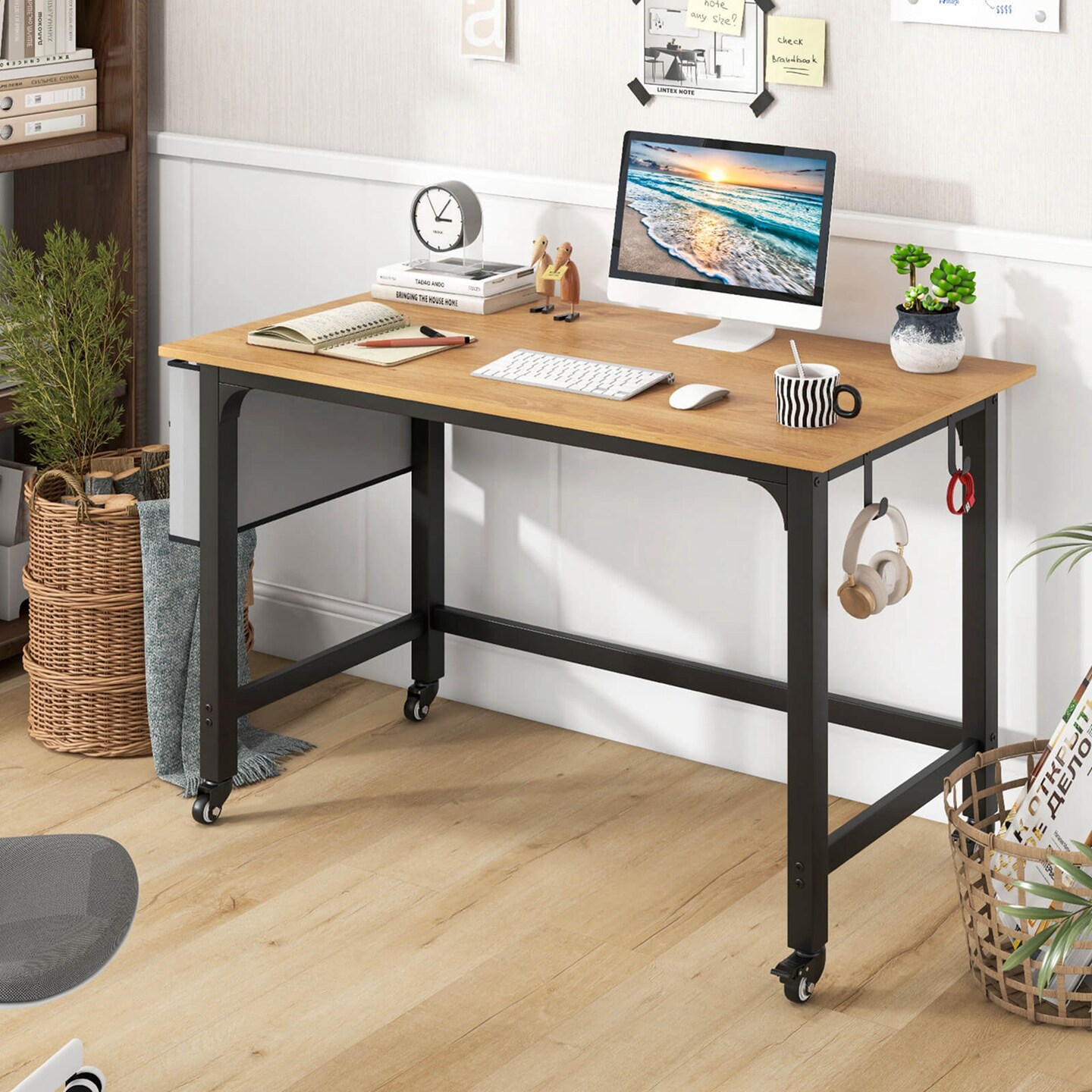 Costway 1/2/4 PCS Rolling Computer Desk Metal Frame PC Laptop Table Wood Top Study Workstation