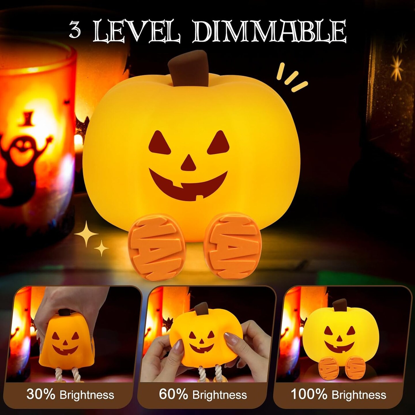Pumpkin Night Light for Kids – Cute Jack O’ Lantern Halloween Decor, Cordless Rechargeable Dimmable Silicone Bedside Lamp, Halloween Gifts for Toddler Nursery
