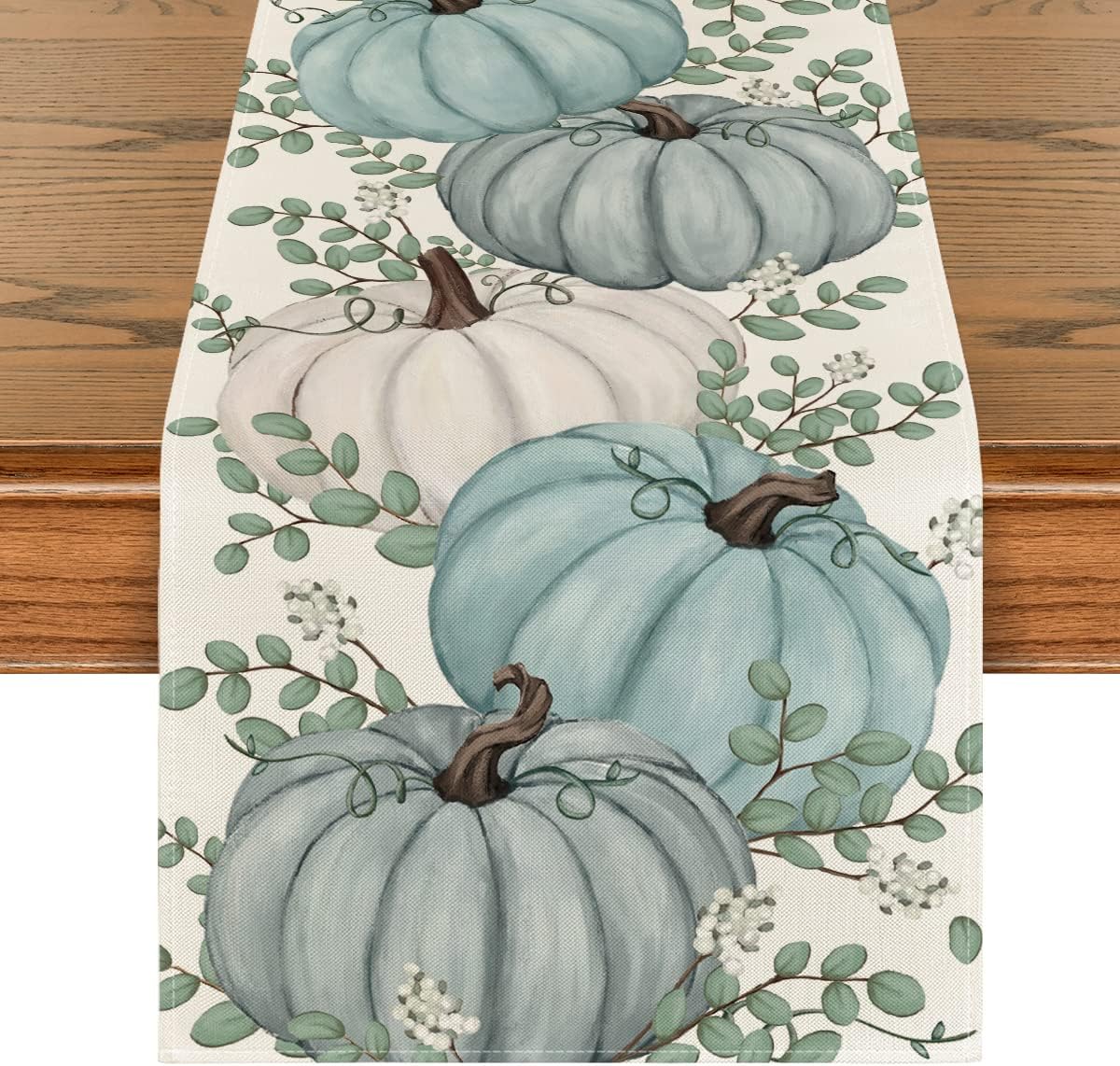 Pumpkins & Eucalyptus Leaves Fall Table Runner – Autumn Thanksgiving Kitchen Dining Table Decoration, 13x72 Inch