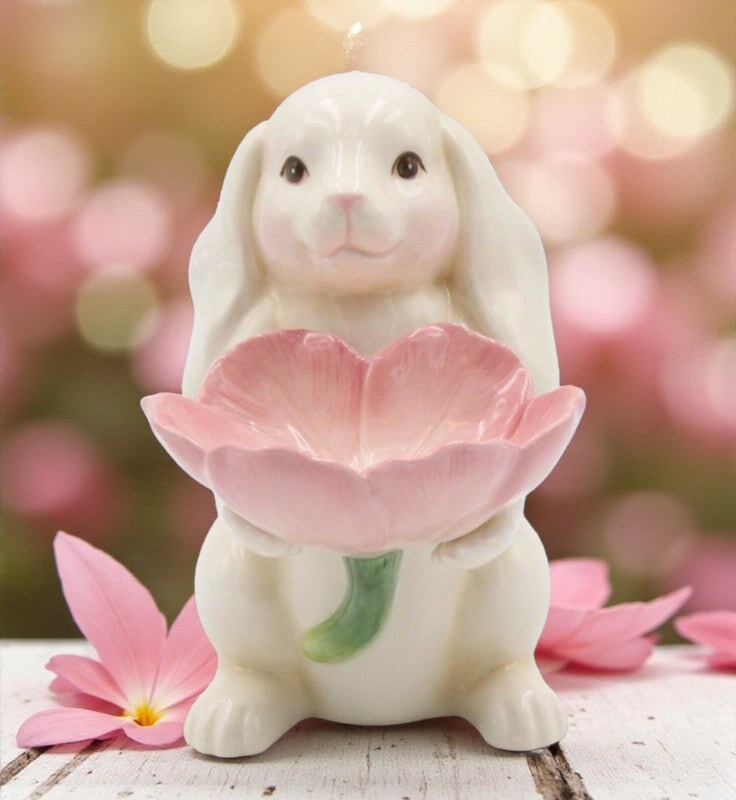 Springtime Bunnies: Easter Bunny Rabbit Holding Pink Flower Candy Dish, Spring Decor