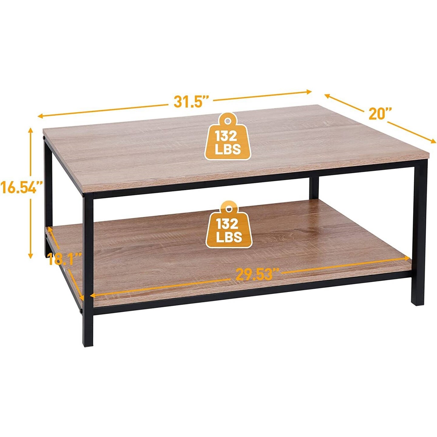 Modern Natural Wood 2-Tier Coffee Table with Storage Shelf and Black Metal Frame for Living Room