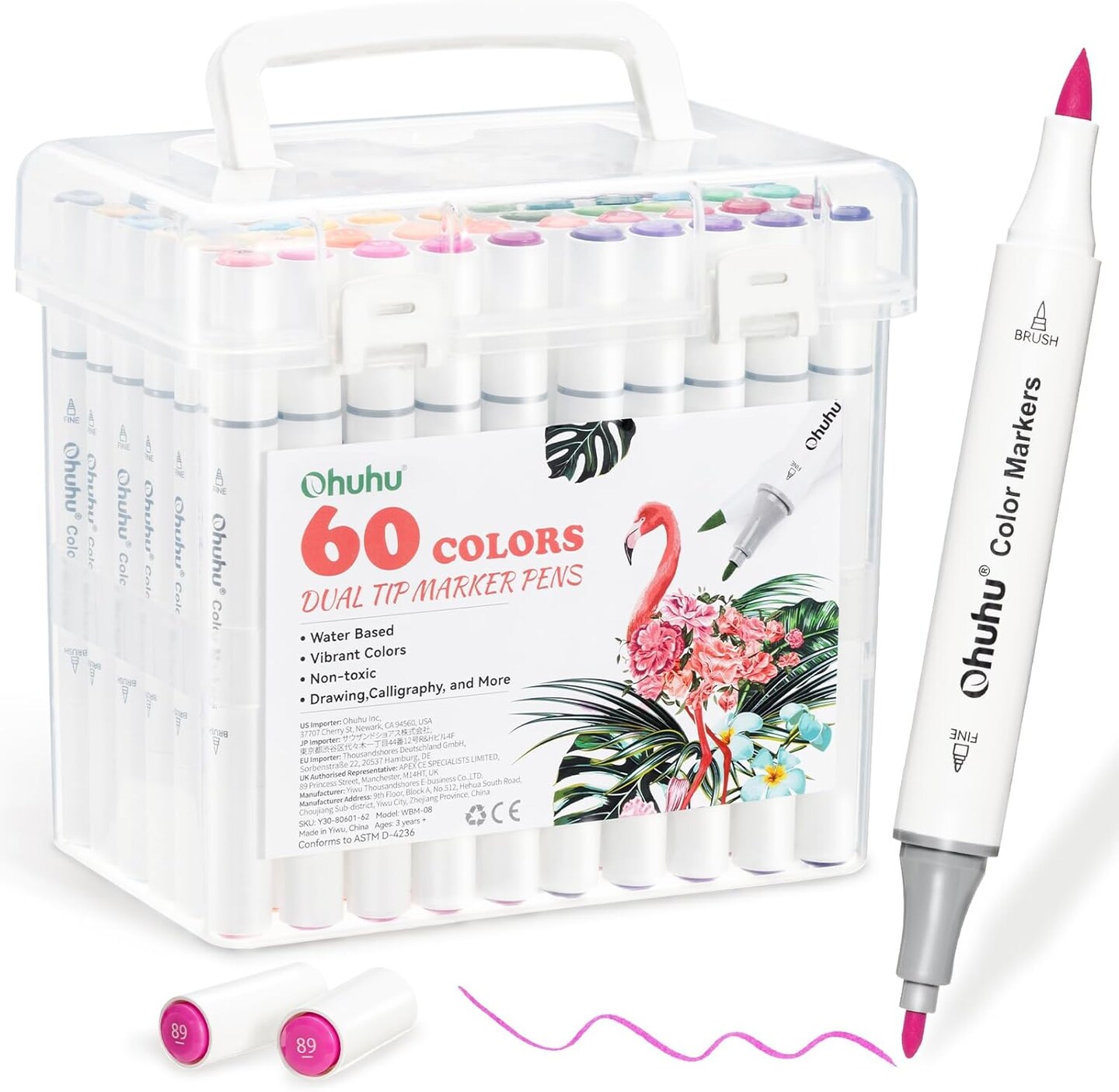 Ohuhu Water Based Markers for Adult Coloring Books - 60 Colors No Bleeding Water-based Coloring Markers - Drawing Pens Art Markers for Kids Adults Beginners Lettering Journaling - Dual Tips Brush & Chisel/ Brush & Fine