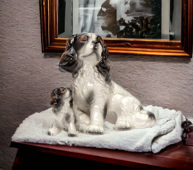 Ceramic Black and White Cocker Spaniel Dog with Puppy Figurine, Gift for Her, Gift for Mom, Kitchen D&#xE9;cor, Dog Lover Gift, Pet Loss Gift