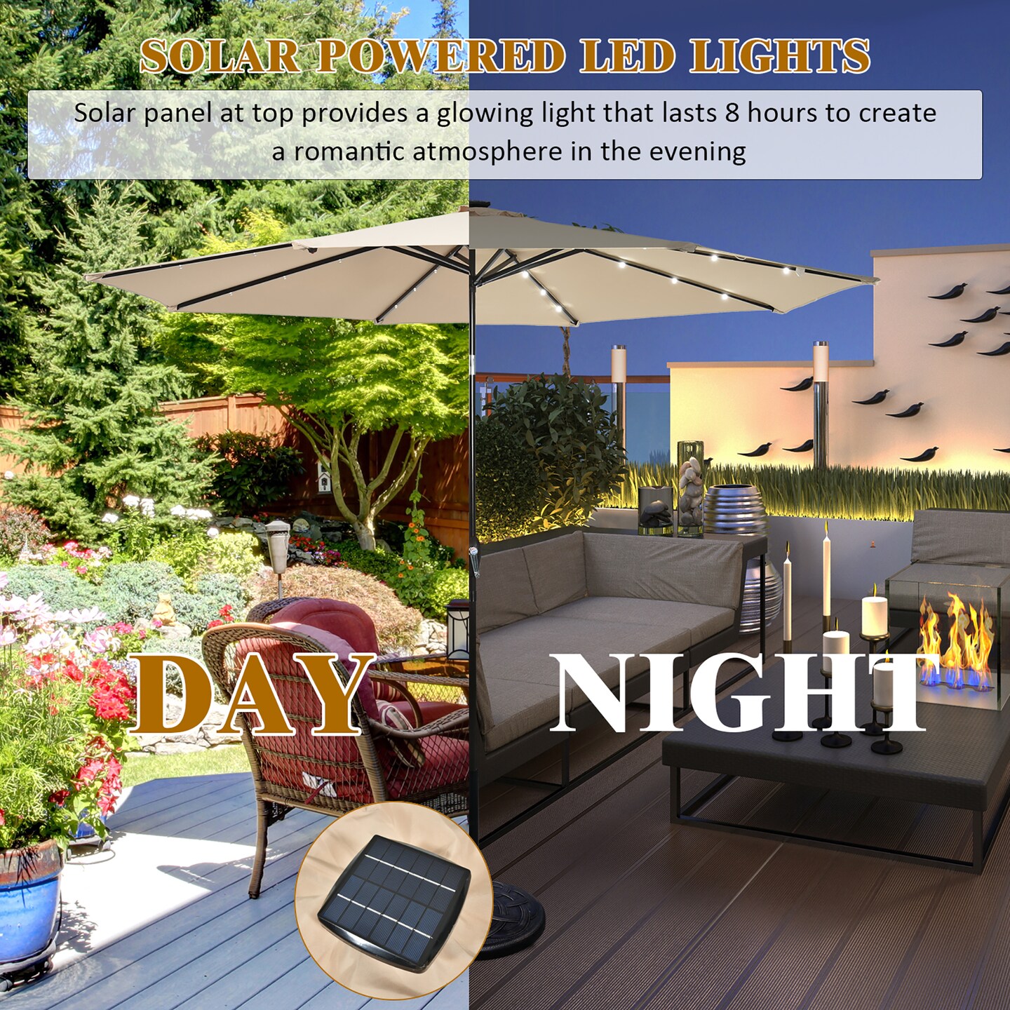Costway 10' Solar LED Lighted Patio Market Umbrella Shade Tilt Adjustment Crank Tan/Beige/Blue/Navy/Burgundy/Gray