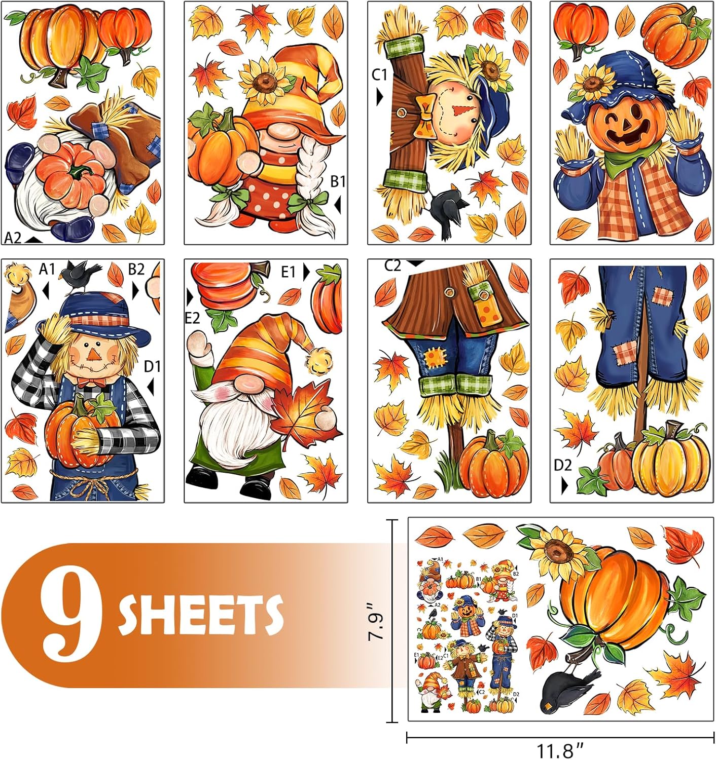 Fall Scarecrow Gnome Window Clings 9 Sheets, Autumn Pumpkin Maple Leaves Stickers