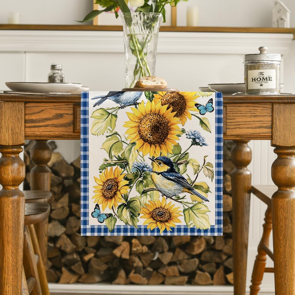 Buffalo Plaid Bird Butterfly Sunflower Spring Table Runner, 13x72 Inch
