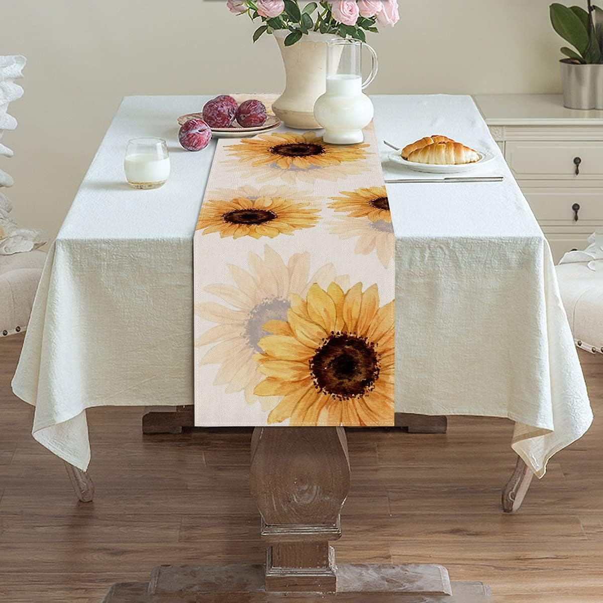 Sunflower Table Runner – Linen Fall Rustic Kitchen Dining Home Decor – 13x72 Inch