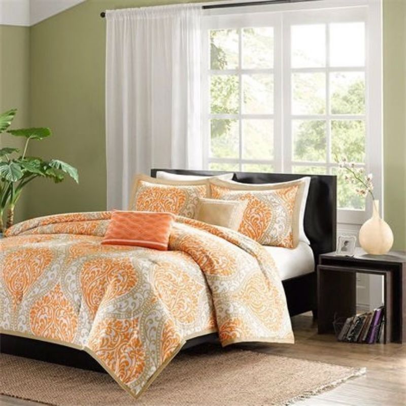Twin Damask Comforter Set 4 Piece Orange and White Bedding