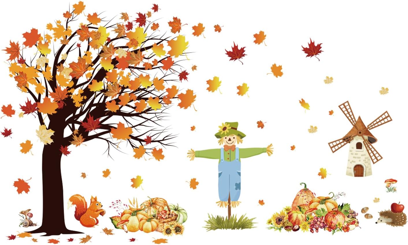 Fall Maple Leaves Wall Decals Autumn Pumpkin Scarecrow Wall Stickers