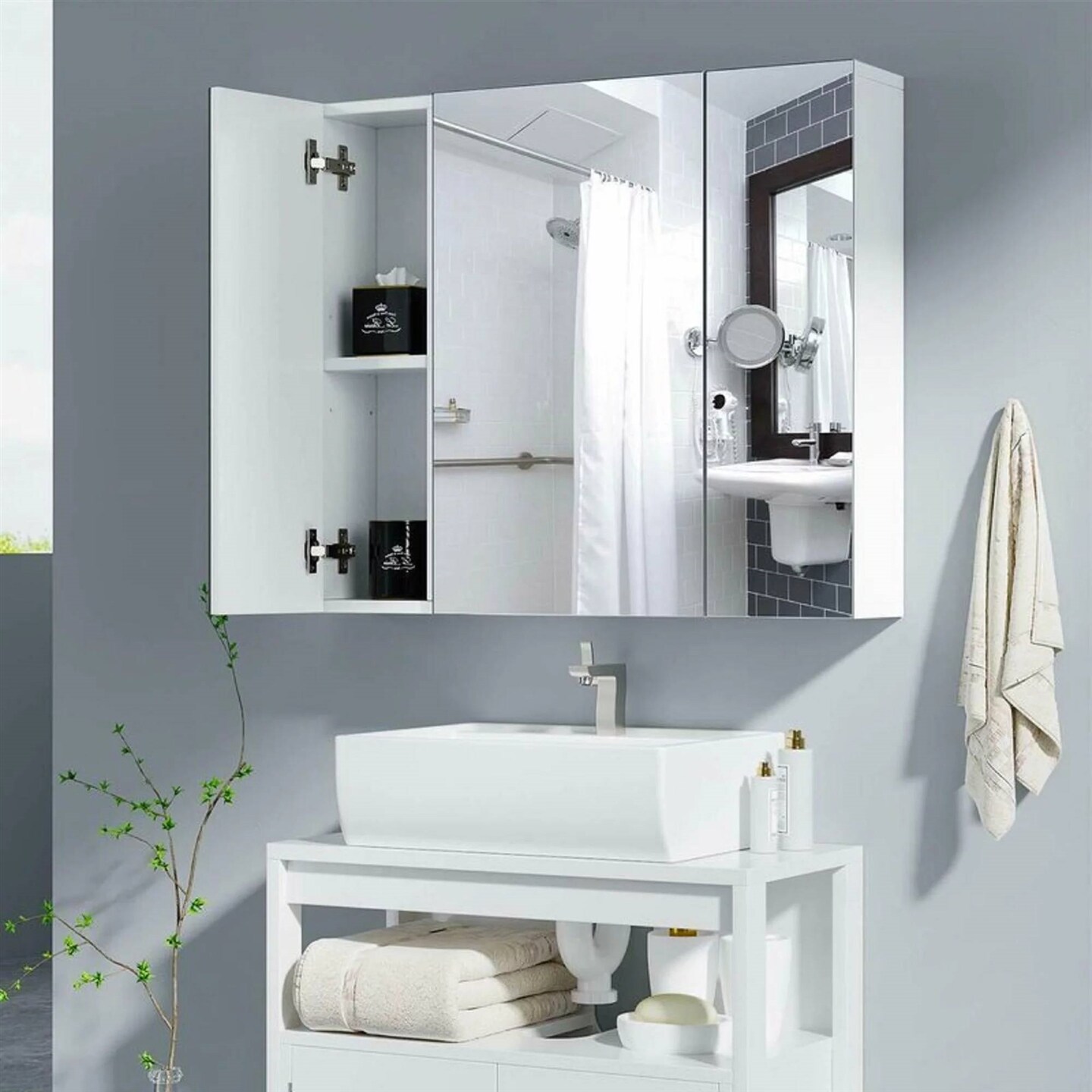 White 3-Door Wall-Mounted Medicine Cabinet with Adjustable Shelves Mirror Storage Cabinet, Moisture-Resistant