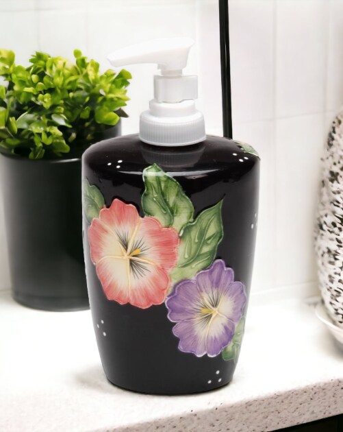 Ceramic Pansy Flower Black Soap Dispenser Pump, Home Décor, Gift for Her, Gift for Mom, Kitchen Décor, Bathroom Decor