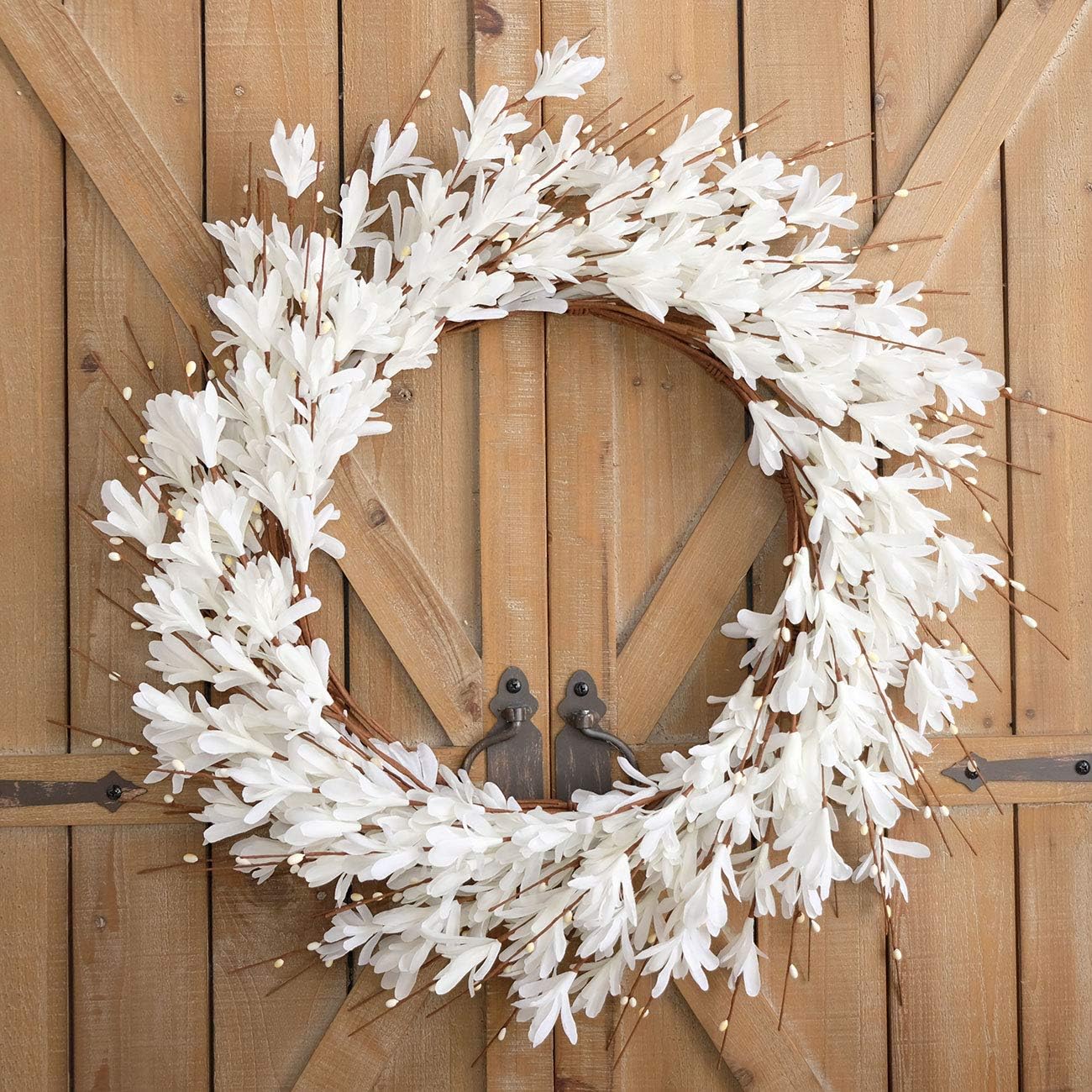 20inch Artificial Forsythia Flower Wreath Spring Summer Fall Wreath Silk Leaves Wreath for Front Door Wreath Porch Farmhouse Patio Garden Home Decor (White)